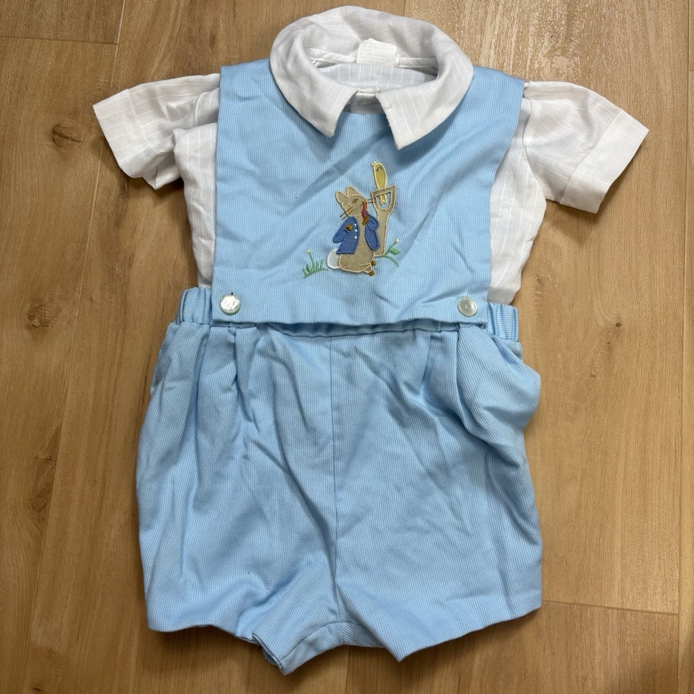 Vintage Nannette Boys 18 Month Peter Rabbit Shortall Outfit Blue Button Shirt